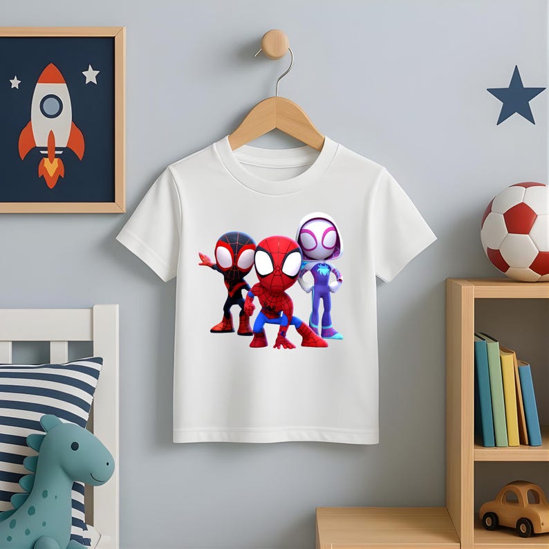 May include: White t-shirt featuring three cartoon Spider-Man characters in red, black, and blue. The characters are in dynamic poses. The shirt is hanging on a wooden hanger against a light gray wall. A framed rocket ship art piece is visible in the background.