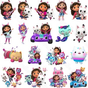 以下が含まれることがあります： カラフルなGabby's Dollhouseのキャラクター画像コレクション。画像には、ギャビー、さまざまな猫のキャラクター、紫色の車が登場します。ギャビーはギターを弾いたり、車に乗ったり、さまざまな猫のキャラクターと一緒の姿が描かれています。