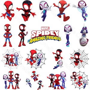 May include: A collection of cartoon illustrations featuring Spider-Man, Miles Morales, and Spider-Gwen characters. The characters are in various poses, with a Marvel Spidey and His Amazing Friends logo.