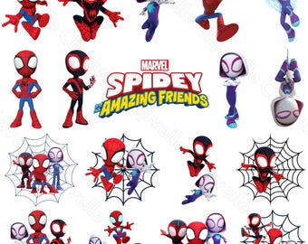 Spidey en zijn vrienden PNG-bundel, superheld clipartset, Kids Cartoon Spider Hero digitale download