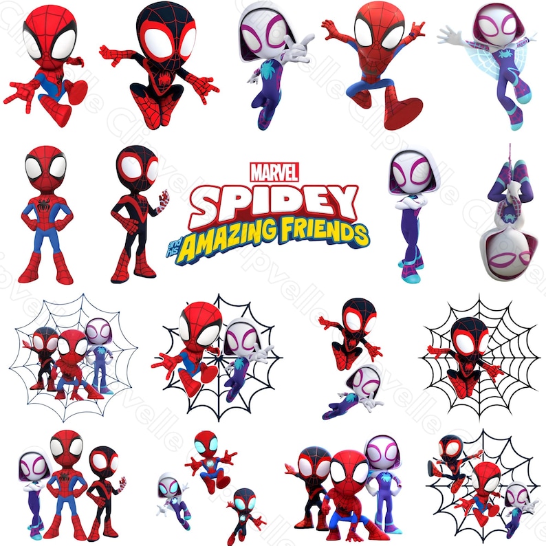 May include: A collection of cartoon illustrations featuring Spider-Man, Miles Morales, and Spider-Gwen characters. The characters are in various poses, with a Marvel Spidey and His Amazing Friends logo.
