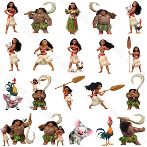 Könnte beinhalten: Eine Sammlung digitaler Illustrationen mit Charakteren aus dem Film Vaiana, darunter eine junge Frau mit langem dunklem Haar, ein großer muskulöser Mann mit Tätowierungen, ein kleines Schwein und ein bunter Hahn in verschiedenen Posen.