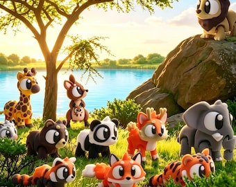 3D Printed Articulated Safari Animals, Poseable PLA Figures, Kawaii Jungle Toys