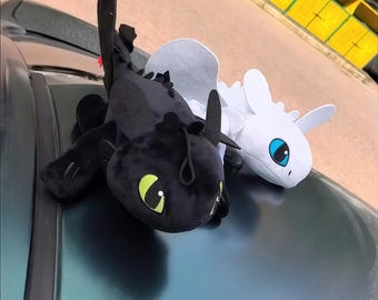 Plush Dragon Car Roof Ornament, Wing-Flapping Dashboard Toy, Night & Light Fury Styles