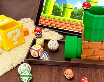 3D Printed RPG Dice Set with Question Block Box & Pipe Dice Tower, Video Game Inspired Tabletop Accessory, 7 Dice, Storage Box or Full Set