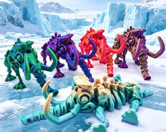 3D Printed Articulated Mammoth Skeleton Toy, Poseable Fidget Desk Decor, Ice Age Fossil Replica