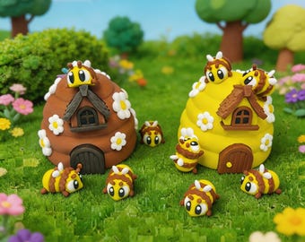 3D Printed Articulated Beehive Playset, Kawaii Bee Toys, Cottagecore Decor