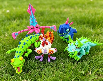 3D Printed Articulated Monster Figures, Neon Fantasy Creatures, Dinosaur, Squid, Crocodile, Dog, Rooster Toys