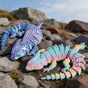 Puede incluir: Dos figuras articuladas de dragones. Una es azul metálico y morado, la otra es arcoíris pastel. Los dragones están tumbados sobre un lecho de rocas y musgo, con un cielo azul de fondo. Los dragones tienen escamas y espinas detalladas.