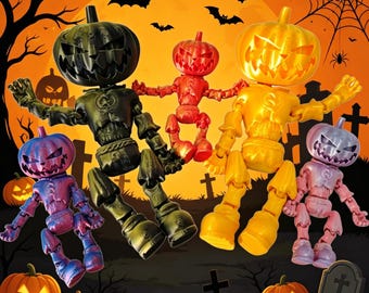Articulated 3D Printed Pumpkin Man Figure, Halloween Skeleton Toy, Desk Decor (10–17 cm)