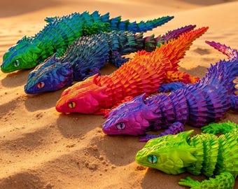 3D Printed Articulated Lizard, 23cm Poseable Dragon Fidget Toy, Laser Gradient PLA Desk Decor
