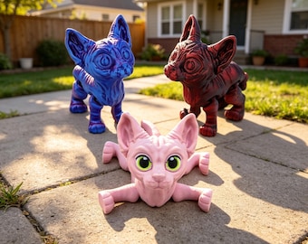 3D Printed Hairless Cat Figure, Articulated Sphynx Kitten Toy, Poseable Desk Decor, Colorful Collectible Cat Sculpture, 12 cm Gift, 9 Colors