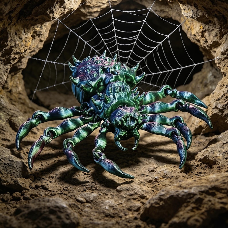 An iridescent green and purple fantasy spider figurine crouches on rocky cave ground in front of a delicate silver spiderweb, its many legs and spiked body gleaming under dramatic lighting.