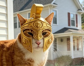 3D Printed Cat Helmet, Gladiator Spartan Pet Cosplay Armor, Photo Prop (Gold, Silver, White)