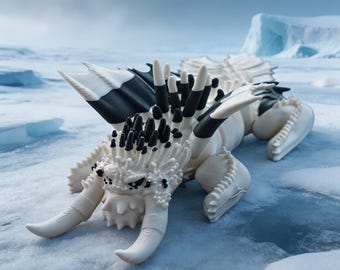 Articulated Ice Dragon Toy, 3D Printed Black White Wings, 19cm Poseable Figure