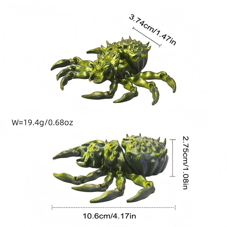 Two metallic yellow‑green spiders are shown on a white background with black measurements indicating a body width of 3.74 cm / 1.47 in, a height of 2.75 cm / 1.08 in, a length of 10.6 cm / 4.17 in and a weight of 19.4 g / 0.68 oz.