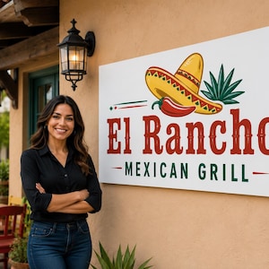 May include: A rectangular white sign mounted on a tan wall featuring the text El Rancho in red letters and MEXICAN GRILL in green letters. The graphic includes a yellow sombrero, a red chili pepper, and a green agave plant illustration.