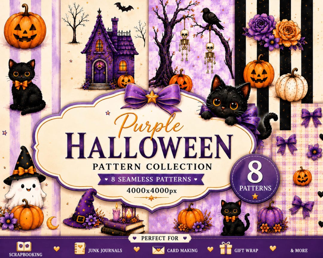 Purple Halloween Digital Paper Bundle, Cute Halloween Seamless Patterns ...