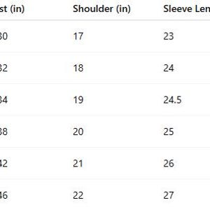 May include: A white chart with black text detailing clothing measurements. The chart includes sizes XS to XXL, with corresponding chest, waist, shoulder, sleeve, and robe length measurements in inches, and height fit.