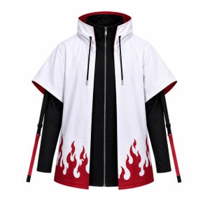 May include: A layered hooded jacket featuring a white outer layer with a red flame pattern at the hem and black drawstrings. The inner layer is a solid black long-sleeved garment with a full-length silver zipper and red strap accents on the sleeves.