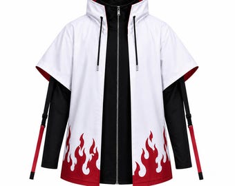 Red Flame Hooded Anime Cloak Jacket – Fantasy Cosplay Coat, Convention & Gaming Costume