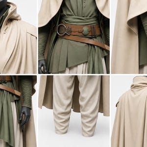 May include: A costume ensemble featuring a hooded beige cape, olive green shirt, and cream-colored pants. The outfit includes a brown leather belt and a matching shoulder strap. The sleeves are gathered, and the overall style suggests a fantasy theme.