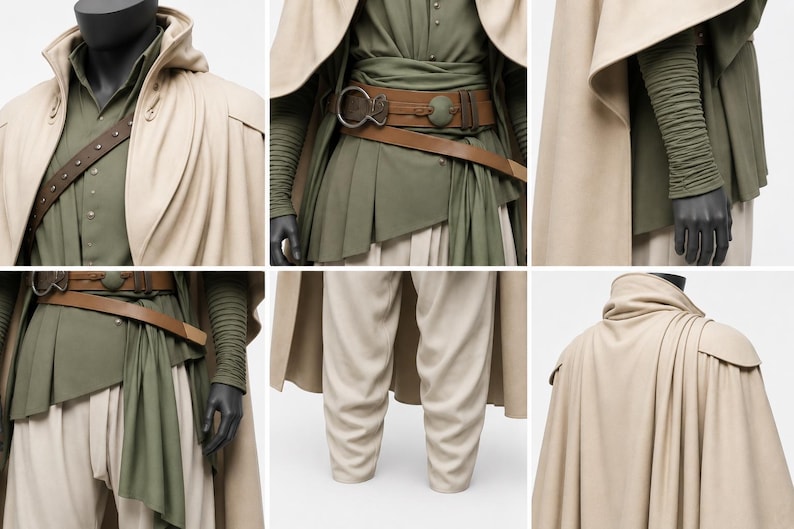 May include: A costume ensemble featuring a hooded beige cape, olive green shirt, and cream-colored pants. The outfit includes a brown leather belt and a matching shoulder strap. The sleeves are gathered, and the overall style suggests a fantasy theme.