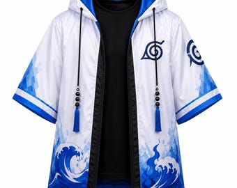 Ocean Wave Hooded Anime Cloak Jacket – Blue Sublimation Print Cosplay Coat