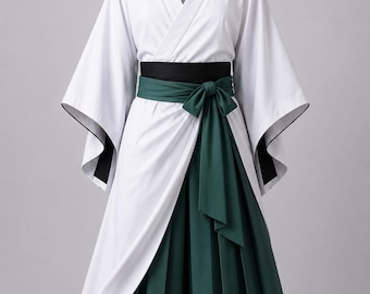 Elegant White & Emerald Green Japanese-Inspired Kimono Robe Costume with Wide Sleeves