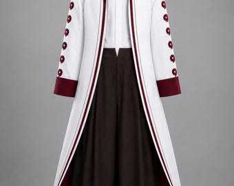 White & Burgundy Anime-Inspired Long Coat Costume | Trench Outfit