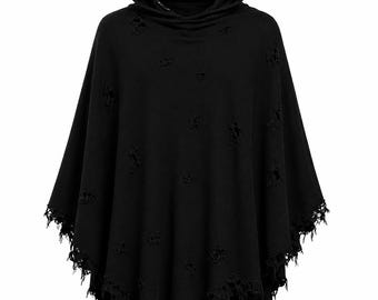 Men’s Jet Black Distressed Hooded Poncho Cloak | Post-Apocalyptic Festival Poncho