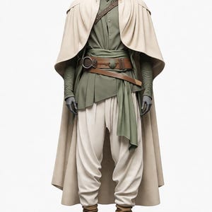May include: A complete costume on a mannequin, featuring a beige hooded cape, olive green shirt, and cream-colored pants. The outfit includes a brown leather belt, boots, and a green sash. The costume is displayed on a black circular base.