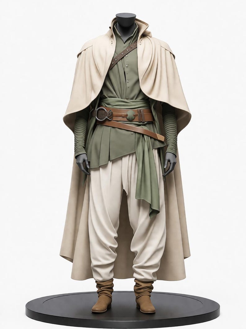 May include: A complete costume on a mannequin, featuring a beige hooded cape, olive green shirt, and cream-colored pants. The outfit includes a brown leather belt, boots, and a green sash. The costume is displayed on a black circular base.
