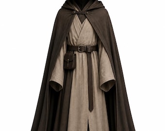 Mystic Wizard Cloak Costume, Medieval Fantasy Cape, Witch Hat, Dark Mage Cosplay Robe