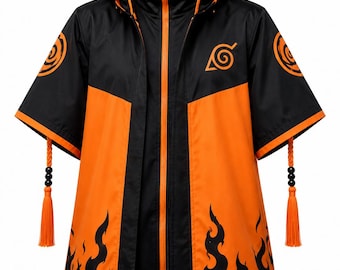 Anime Inspired Orange Flame Hooded Cloak Jacket – Sublimation Print Cosplay Coat, Ninja Style Costume