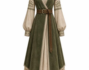 Medieval Fantasy Maxi Dress, Embroidered Long Sleeve Gown, Cottagecore Fairycore Costume