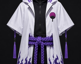 Anime Inspired White & Purple Hooded Cloak Jacket – Sublimation Print Cosplay Coat, Ninja Style Costume