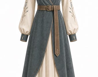 Elegant Medieval Fantasy Dress for Women, Cottagecore Renaissance Gown, Long Sleeve Layered Maxi Dress