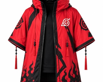Red Flame Hooded Anime Cloak Jacket – Sublimation Print Cosplay Coat