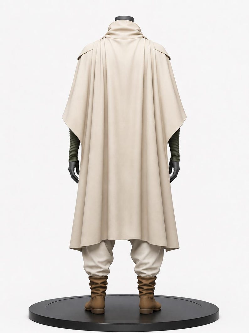May include: A beige cloak and matching pants with brown boots. The outfit includes a high collar and cape-like design. The model is standing on a black circular base, showcasing the full costume.