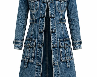 Men's Washed Denim Long Trench Coat, Gothic Military Style Jacket