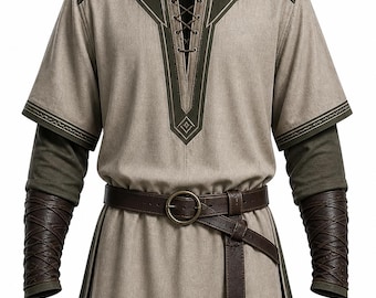 Mens Viking Tunic Costume, Medieval Renaissance Lace-Up Shirt, Fantasy Warrior Cosplay Clothing