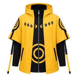 May include: A yellow and black hooded jacket featuring a full-length front zipper, short sleeves with adjustable straps, and black circular patterns on the shoulders and chest. The chest area displays the black text 666 and 999 with symbols.