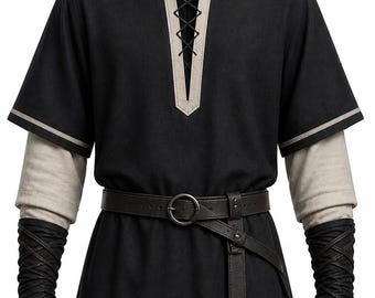 Men's Black Viking Tunic, Lace-Up Medieval Fantasy Shirt, Cosplay Costume Top