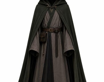 Forest Wizard Cloak Costume with Hood, Medieval Fantasy Robe, Dark Mage Cosplay Outfit