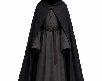 Black Wizard Cloak Costume with Hood, Witch Hat, Medieval Fantasy Cape