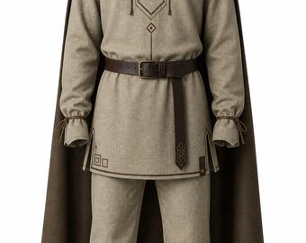 Mens Medieval Hooded Cloak Tunic Set, Viking Fantasy Cosplay Outfit