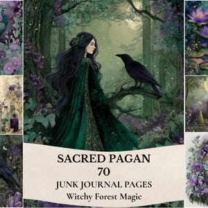 Könnte beinhalten: Eine Sammlung von 70 Junk-Journal-Seiten mit dem Titel SACRED PAGAN Witchy Forest Magic, die Illustrationen einer Person im grünen Umhang mit einem Raben, violetten Lotusblumen, einem Pfau, Glasflaschen und einem Vogelkäfig mit Schmetterling zeigen.