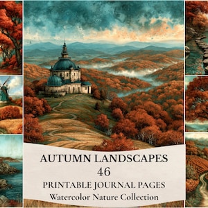 Könnte beinhalten: Eine Sammlung von 46 druckbaren Tagebuchseiten mit herbstlichen Aquarell-Landschaften. Die Bilder zeigen ein Gebäude mit Kuppel auf einem Hügel, eine Windmühle, einen Leuchtturm, einen Steinpfad in einem Fluss, einen großen Baum und Weinberge in Orange- und Blautönen.