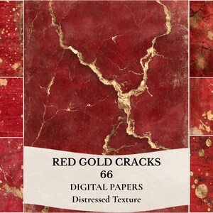 May include: A collection of digital papers featuring a deep red background with distressed textures and gold crack patterns. A white banner at the bottom displays the text: RED GOLD CRACKS 66 DIGITAL PAPERS Distressed Texture in black font.